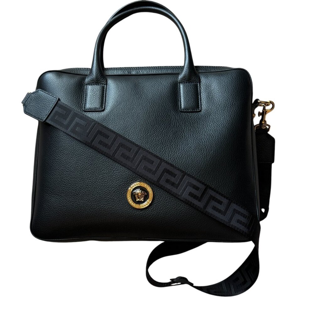 VERSACE 1013360 BLACK LEATHER MEDUSA MEDALION BRIEFCASE MESSENGER SHOULDER BAG - Picture 2 of 15